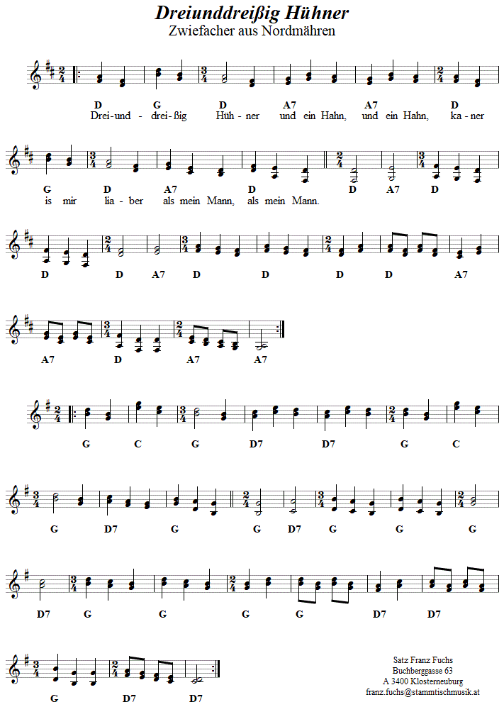 Dreiunddreiig Hhner, Zwiefacher in zweistimmigen Noten, Seite 1. 
Bitte klicken, um die Melodie zu hren.