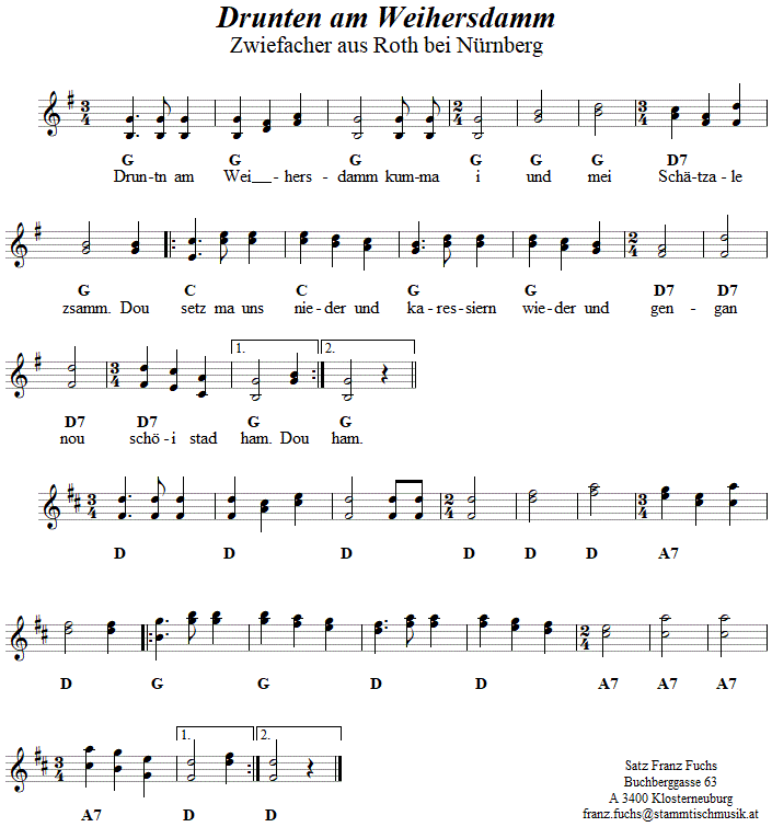 Drunten am Weihersdamm, Zwiefacher in zweistimmigen Noten. 
Bitte klicken, um die Melodie zu hren.