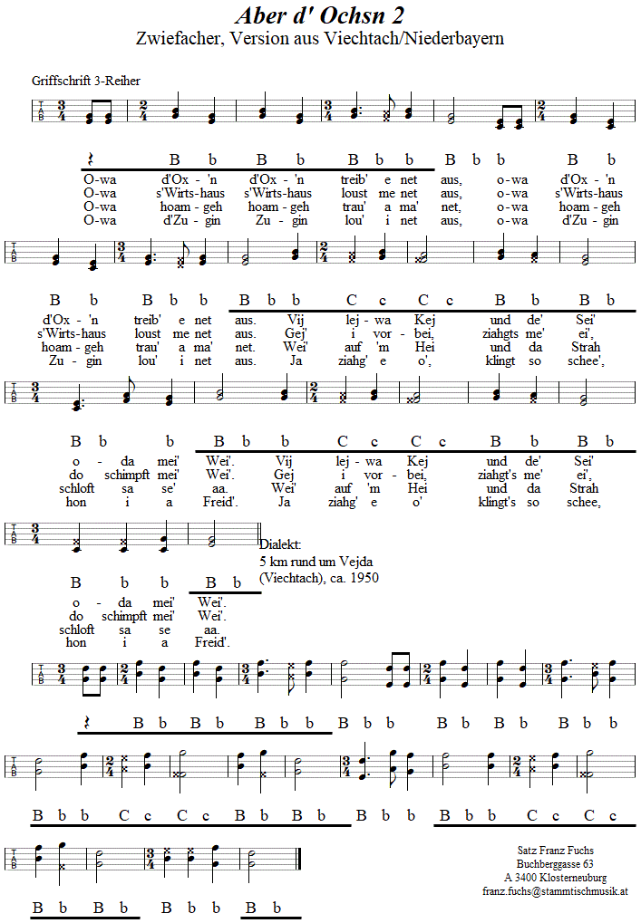 Aber d' Ochsn 2 (Niederbayern), Zwiefacher in Griffschrift fr Steirische Harmonika. 
Bitte klicken, um die Melodie zu hren.