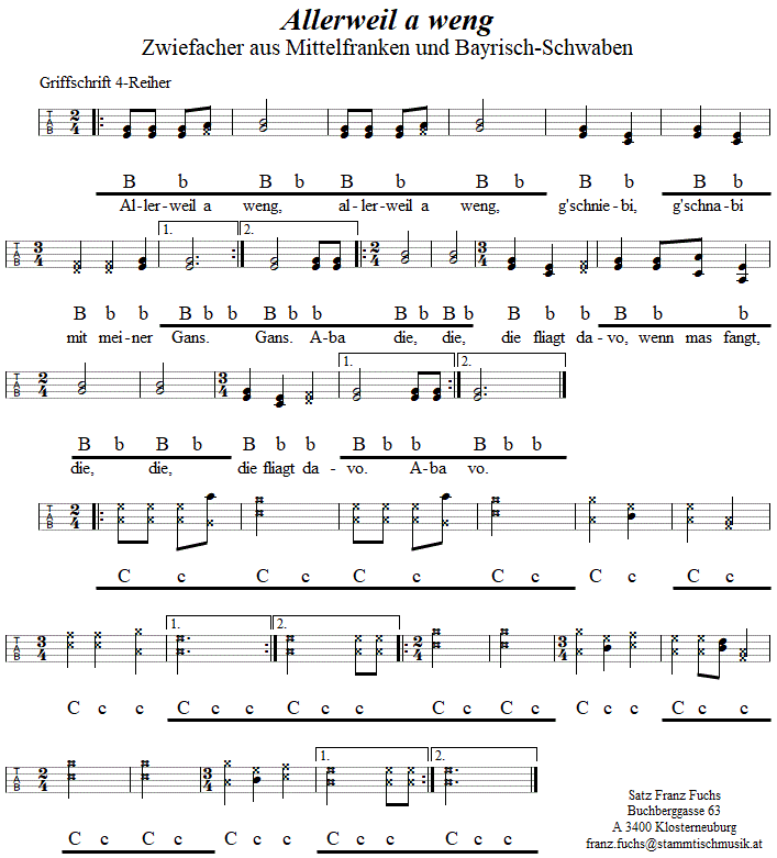 Allerweil a weng, Zwiefacher in Griffschrift fr Steirische Harmonika. 
Bitte klicken, um die Melodie zu hren.