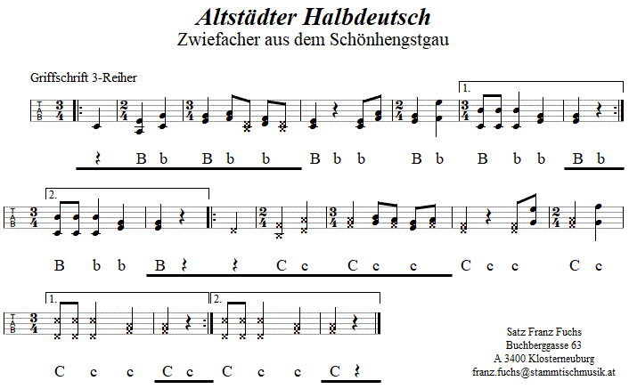 Altstädter Halbdeutsch, Zwiefacher in Griffschrift für Steirische Harmonika. 
Bitte klicken, um die Melodie zu hören.