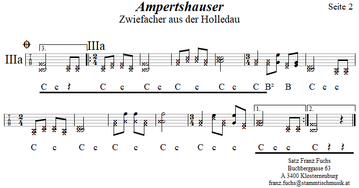 Ampertshauser Zwiefacher, Seite 2, in Griffschrift für Steirische Harmonika. 
Bitte klicken, um die Melodie zu hören.