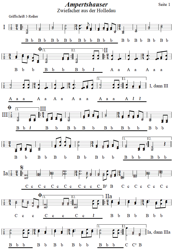 Ampertshauser Zwiefacher, Seite 1, in Griffschrift für Steirische Harmonika. 
Bitte klicken, um die Melodie zu hören.
