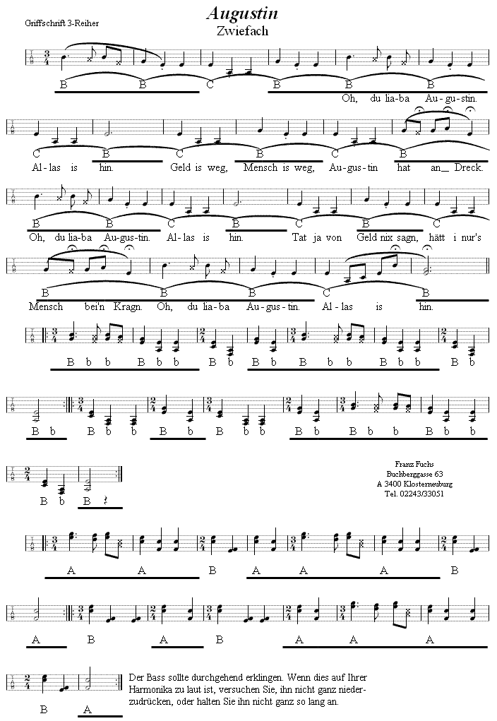 Augustin-Zwiefacher in Griffschrift für Steirische Harmonika. 
Bitte klicken, um die Melodie zu hören.