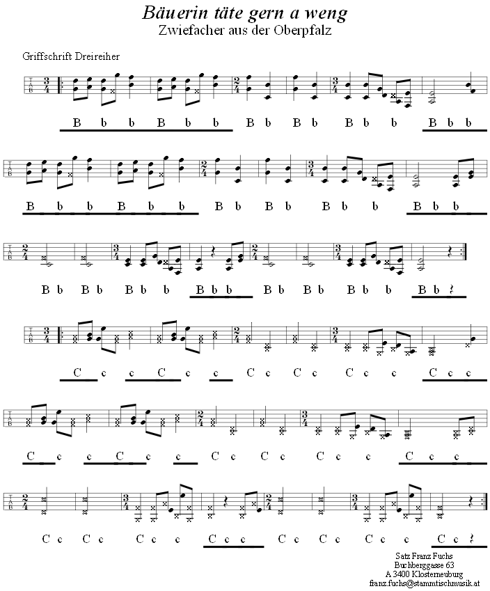Bäuerin täte gern a weng, Zwiefacher in Griffschrift für Steirische Harmonika. 
Bitte klicken, um die Melodie zu hören.