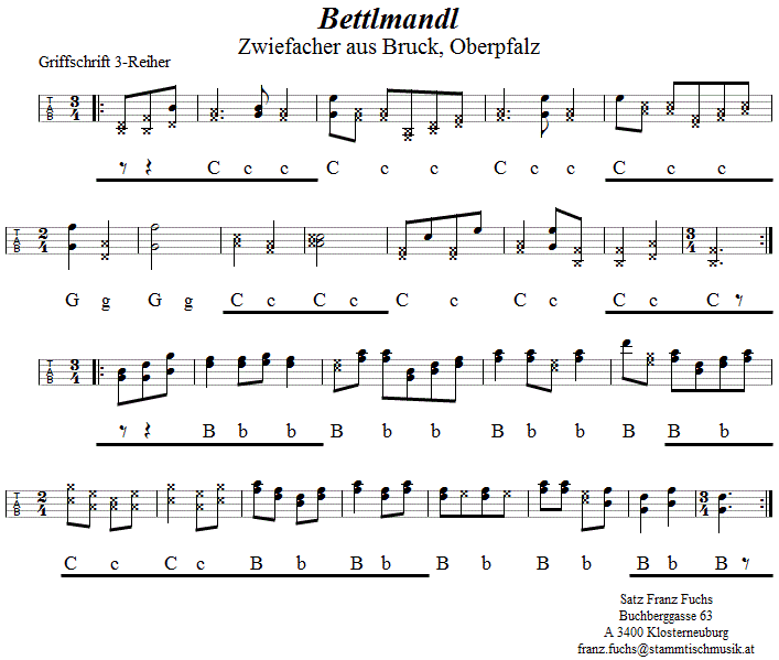 Bettlmandl, Zwiefacher in Griffschrift für Steirische Harmonka. 
Bitte klicken, um die Melodie zu hören.
