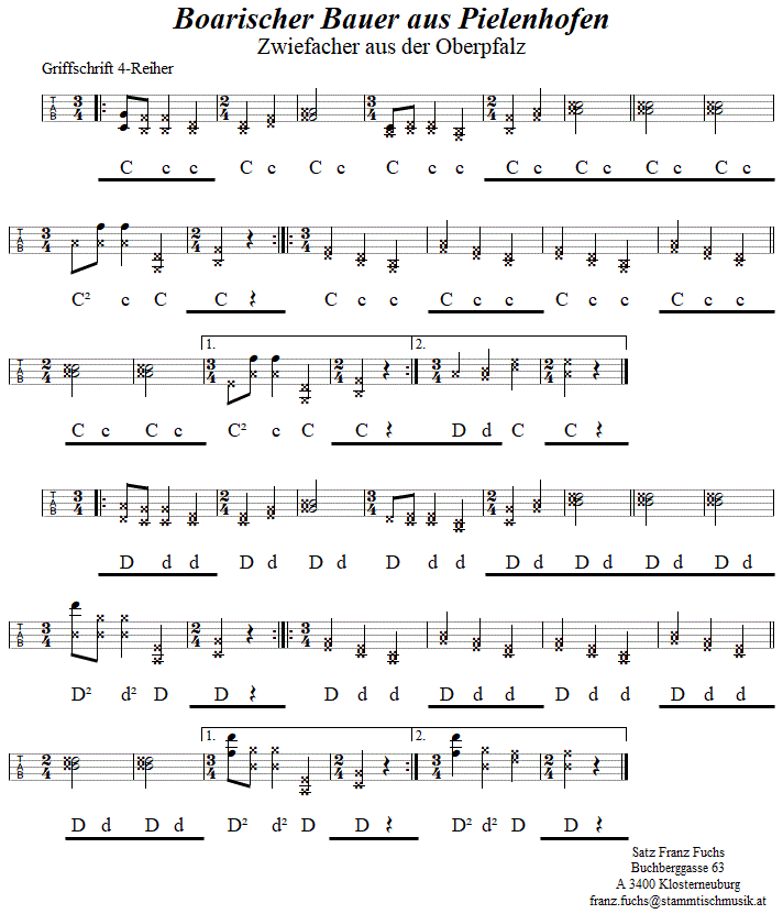 Boarischer Bauer aus Pielenhofen, Zwiefacher in Griffschrift fr Steirische Harmonika. 
Bitte klicken, um die Melodie zu hren.