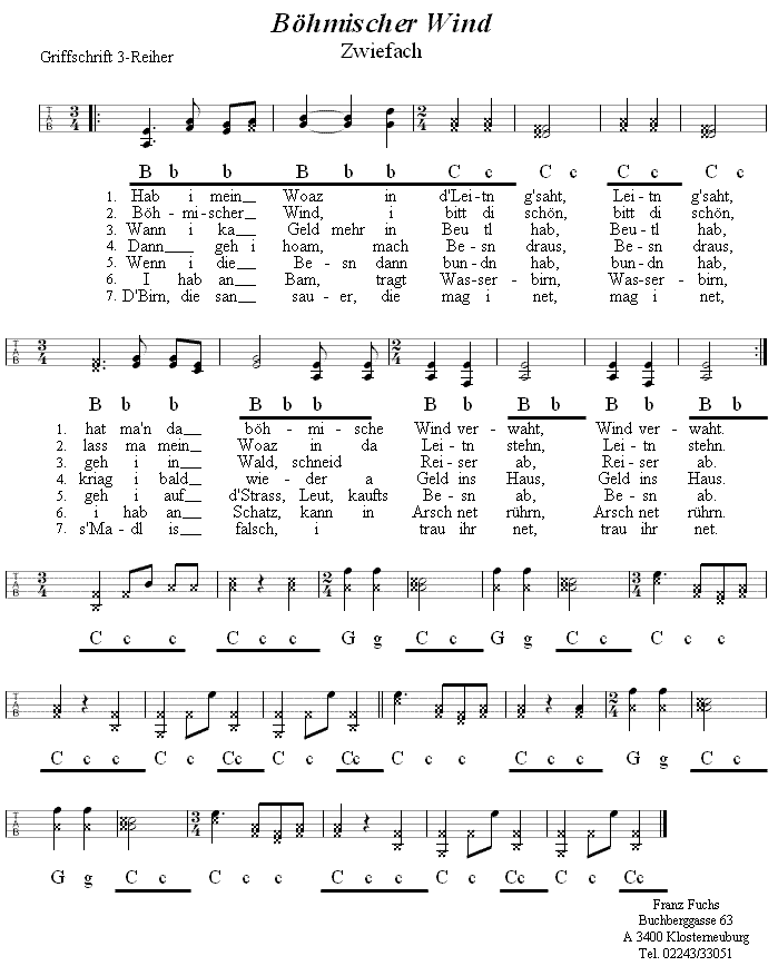 Böhmischer Wind - Zwiefacher in Griffschrift für Steirische Harmonika. 
Bitte klicken, um die Melodie zu hören.