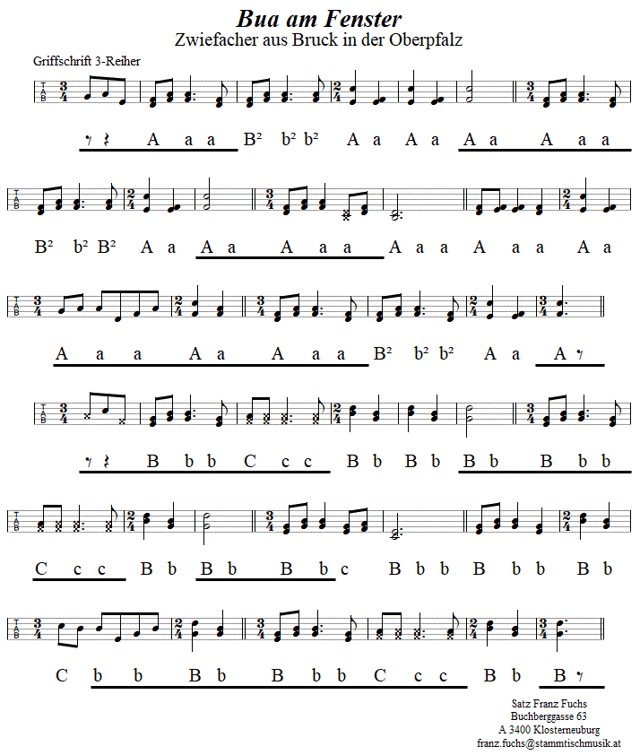 Bua am Fenster, Zwiefacher  in Griffschrift fr Steirische Harmonika. 
Bitte klicken, um die Melodie zu hren.