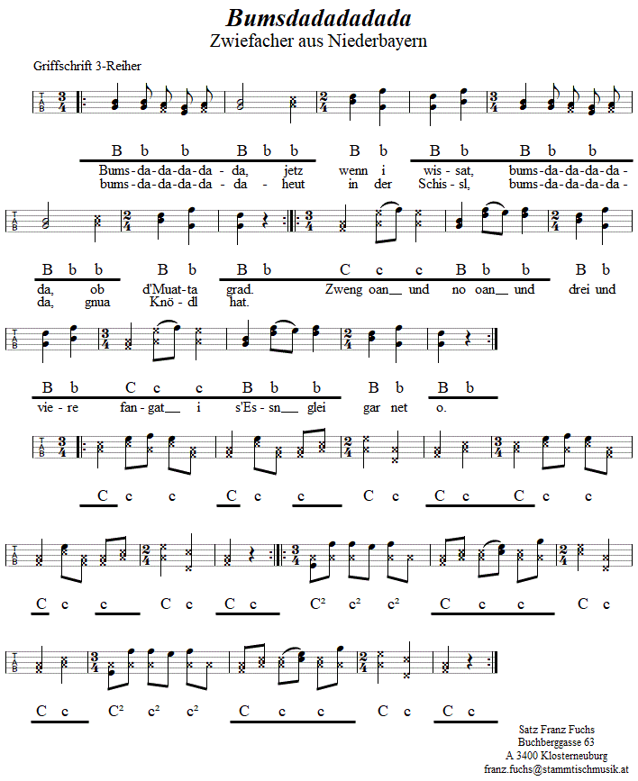 Bumsdadadadada, Zwiefacher in Griffschrift fr Steirische Harmonika. 
Bitte klicken, um die Melodie zu hren.