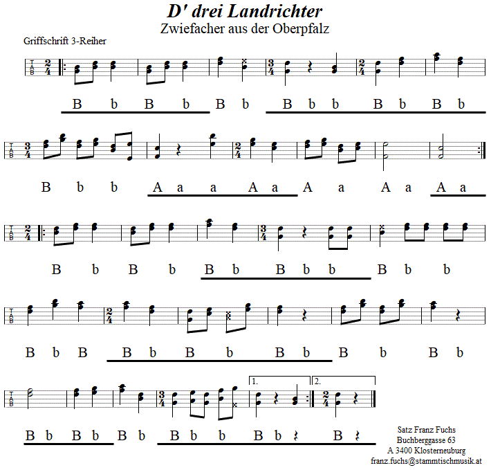 D' drei Landrichter, Zwiefacher in Griffschrift fr Steirische Harmonika. 
Bitte klicken, um die Melodie zu hren.