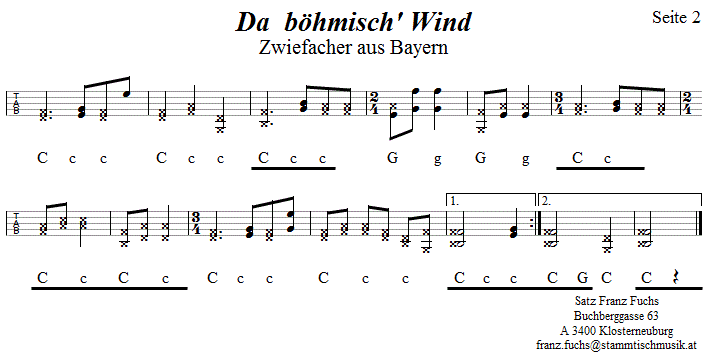 Da böhmisch' Wind, Seite 2, Zwiefacher in Griffschrift für Steirische Harmonika. 
Bitte klicken, um die Melodie zu hören.