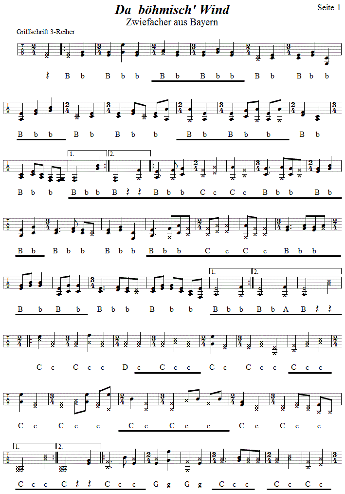 Da böhmisch' Wind, Seite 1, Zwiefacher in Griffschrift für Steirische Harmonika. 
Bitte klicken, um die Melodie zu hören.