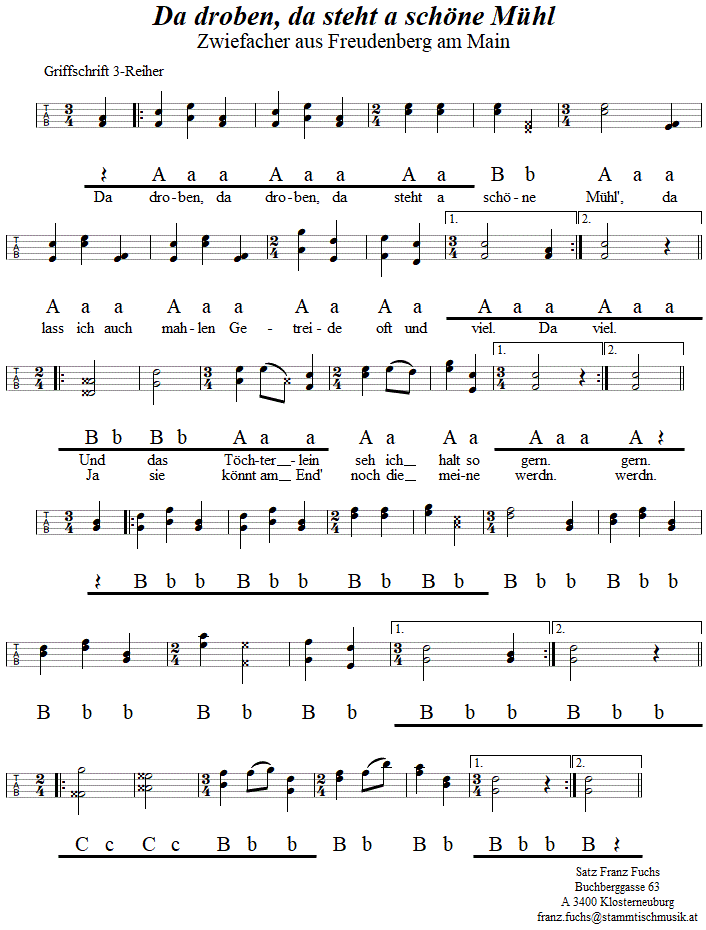 Da droben da steht a schne Mhl, Zwiefacher in Griffschrift fr Steirische Harmonika. 
Bitte klicken, um die Melodie zu hren.