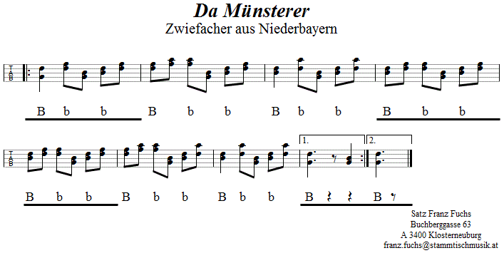 Da Münsterer, Zwiefacher in Griffschrift für Steirische Harmonika, Seite 2. 
Bitte klicken, um die Melodie zu hören.