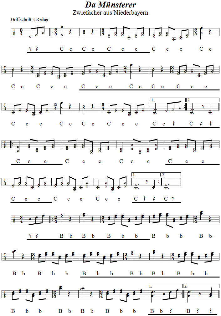 Da Mnsterer, Zwiefacher in Griffschrift fr Steirische Harmonika, Seite 1. 
Bitte klicken, um die Melodie zu hren.