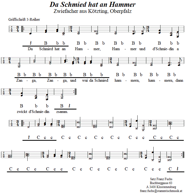 Da Schmied hat an Hammer, (Lochzang), Zwiefacher in Griffschrift fr Steirische Harmonika. 
Bitte klicken, um die Melodie zu hren.