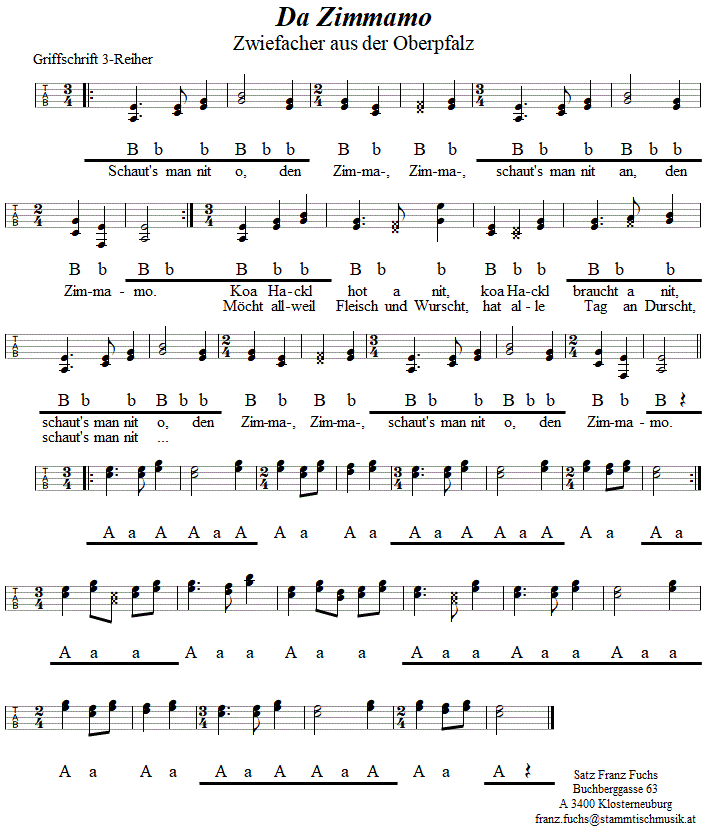 Da Zimmamo, Zwiefacher in Griffschrift fr Steirische Harmonika. 
Bitte klicken, um die Melodie zu hren.