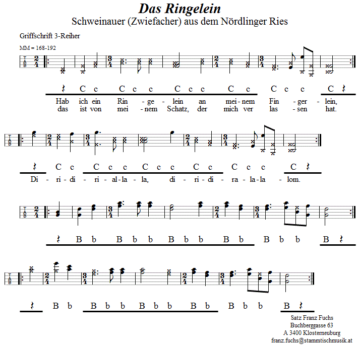 Das Ringelein, Zwiefacher in Griffschrift für Steirische Harmonika. 
Bitte klicken, um die Melodie zu hören.