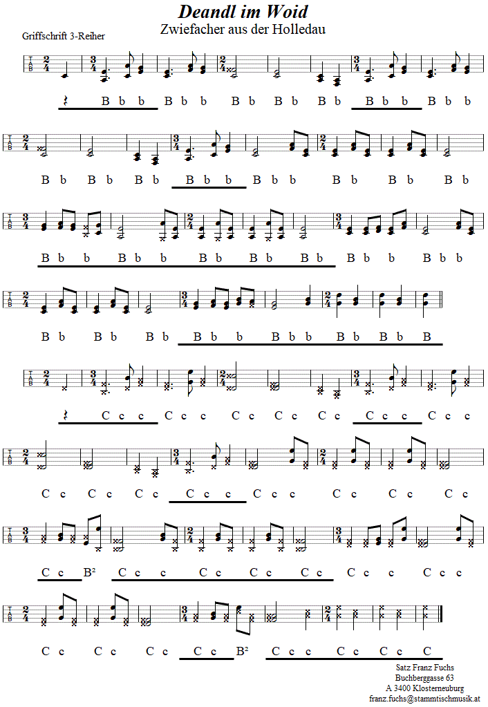 Deandl im Woid, Zwiefacher in Griffschrift fr Steirische Harmonika. 
Bitte klicken, um die Melodie zu hren.