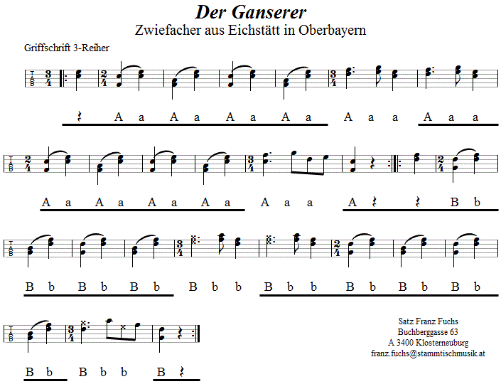 Der Ganserer, Zwiefacher in Griffschrift für Steirische Harmonika. 
Bitte klicken, um die Melodie zu hören.