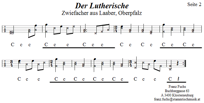 Der Lutherische, Zwiefacher in Griffschrift für Steirische Harmonika, Seite 2. 
Bitte klicken, um die Melodie zu hören.