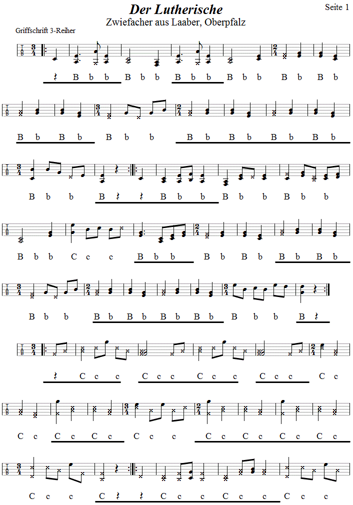 Der Lutherische, Zwiefacher in Griffschrift fr Steirische Harmonika, Seite 1. 
Bitte klicken, um die Melodie zu hren.