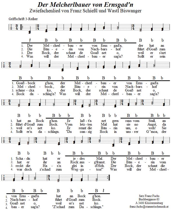 Der Melcherlbauer von Ernsgad'n, Zwiefacher in Griffschrift für Steirische harmonika. 
Bitte klicken, um die Melodie zu hören.
