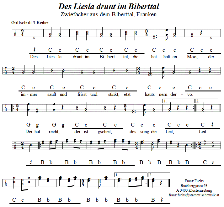 Des Liesla drunt im Biberttal, Zwiefacher in Griffschrift für Steirische Harmonika. 
Bitte klicken, um die Melodie zu hören.