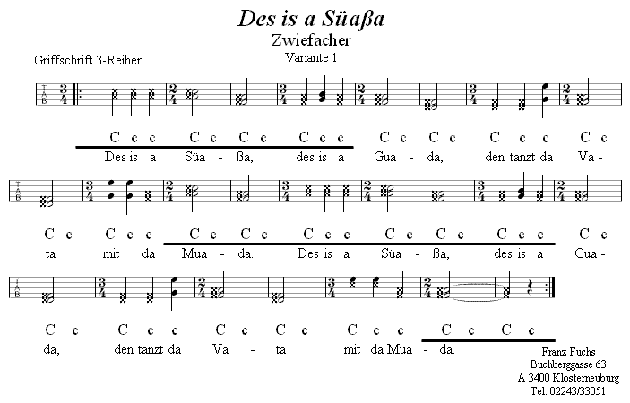 Des is a Süassa, zweite Version - Zwiefacher in Griffschrift für Steirische Harmonika. 
Bitte klicken, um die Melodie zu hören.