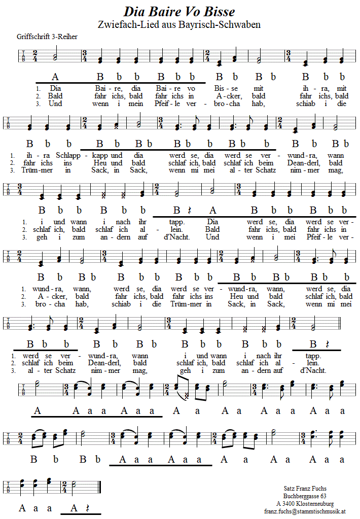 Dia Baire vo Bisse, Zwiefacher in Griffschrift fr steirische Harmonika. 
Bitte klicken, um die Melodie zu hren.