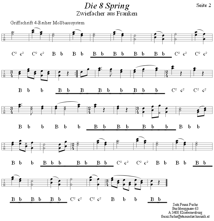Die 8 Spring, Zwiefacher in Griffschrift für Steirische Harmonika. 
Bitte klicken, um die Melodie zu hören.