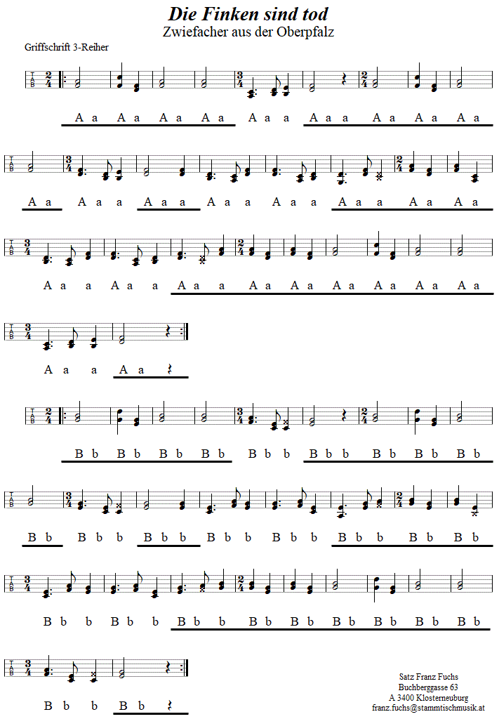 Die Finken sind tod, Zwiefacher in Griffschrift für Steirische Harmonika. 
Bitte klicken, um die Melodie zu hören.
