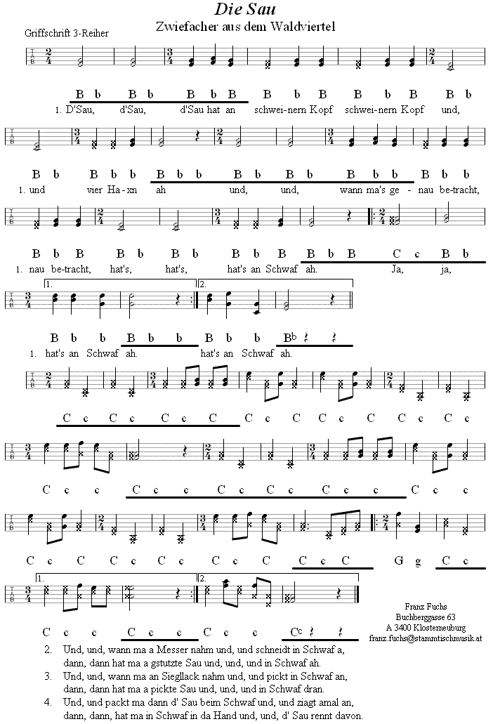 Die Sau, Zwiefacher in Griffschrift für Steirische Harmonika. 
Bitte klicken, um die Melodie zu hören.