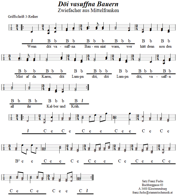 Döi vasuffna Bauern, Zwiefacher in Griffschrift für Steirische Harmonika. 
Bitte klicken, um die Melodie zu hören.