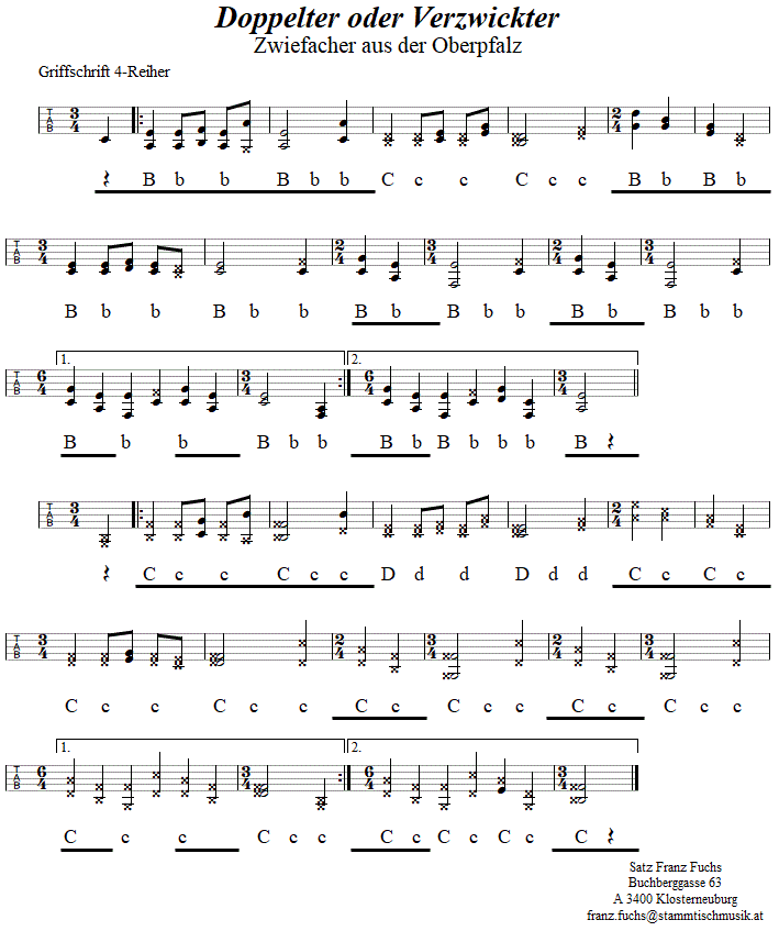 Doppelter oder verzwickter Zwiefacher, in Griffschrift fr Steirische Harmonika. 
Bitte klicken, um die Melodie zu hren.