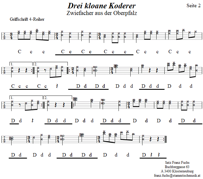 Drei kloane Koderer, Zwiefacher in Griffschrift fr Steirische Harmonika, Seite 2. 
Bitte klicken, um die Melodie zu hren.