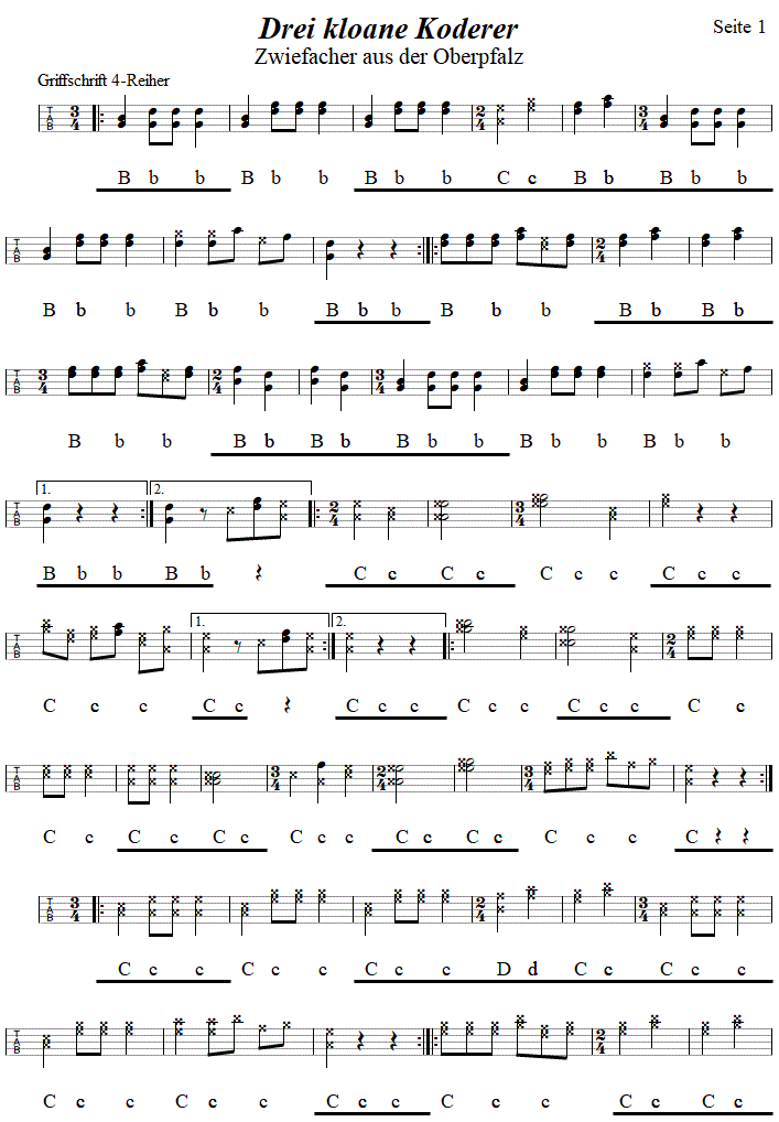 Drei kloane Koderer, Zwiefacher in Griffschrift für Steirische Harmonika, Seite 1. 
Bitte klicken, um die Melodie zu hören.