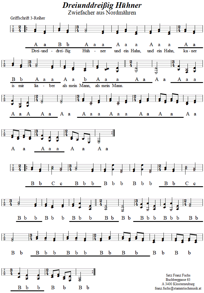 Dreiunddreißig Hühner, Zwiefacher in Griffschrift für Steirische Harmonika, Seite 1. 
Bitte klicken, um die Melodie zu hören.