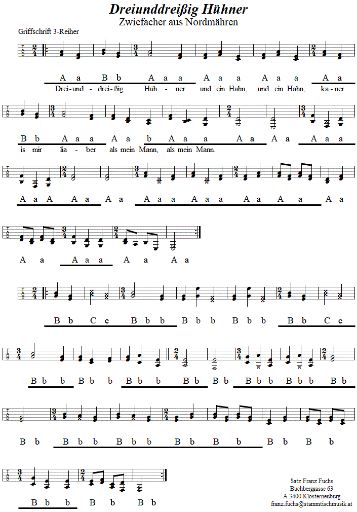 Dreiunddreiig Hhner, Zwiefacher in Griffschrift fr Steirische Harmonika, Seite 1. 
Bitte klicken, um die Melodie zu hren.
