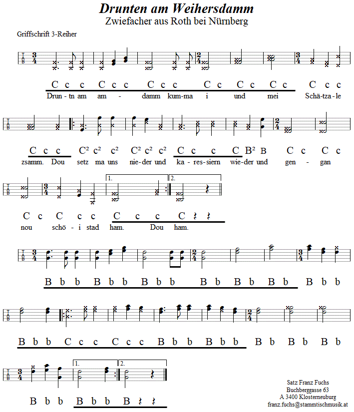 Drunten am Weihersdamm, Zwiefacher in Griffschrift fr Steirische Harmonika. 
Bitte klicken, um die Melodie zu hren.