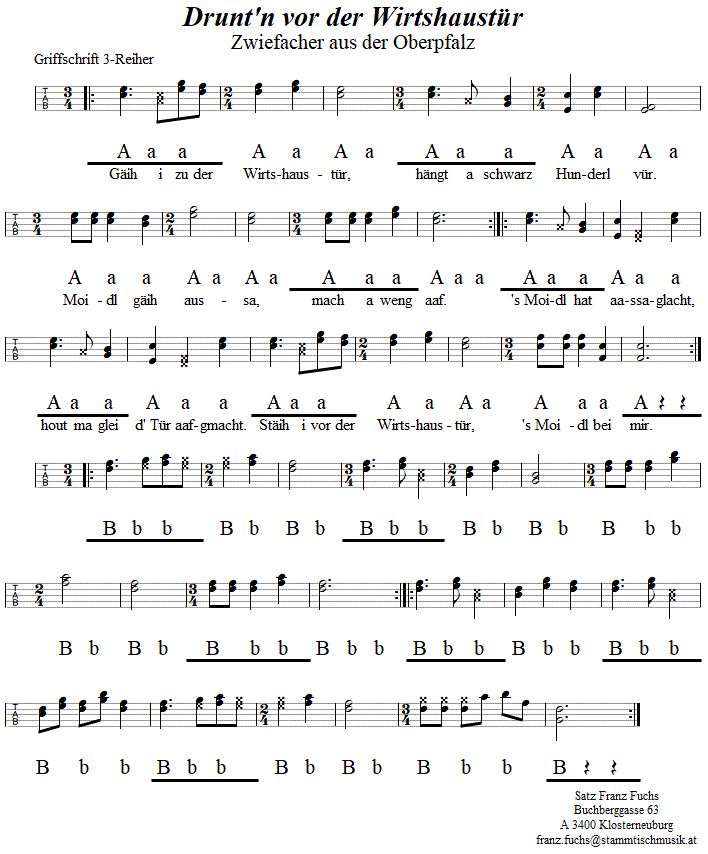 Drunt'n vor der Wirtshaustr, Zwiefach in Griffschrift fr Steirische Harmonika. 
Bitte klicken, um die Melodie zu hren.