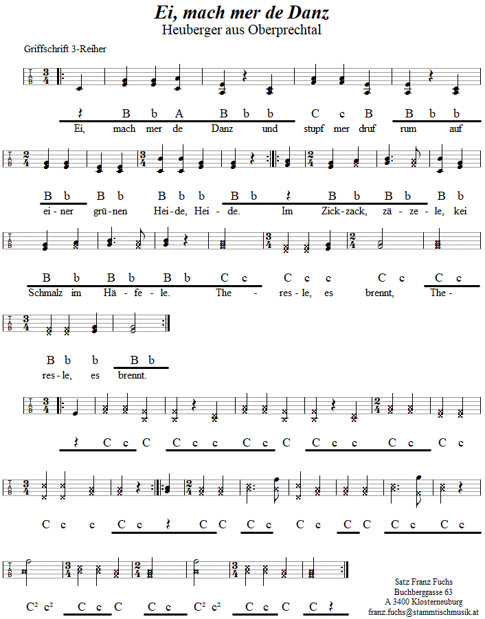 Ei, mach mer de Danz, Zwiefacher in Griffschrift fr Steirische Harmonika. 
Bitte klicken, um die Melodie zu hren.