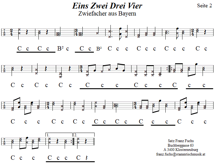 Eins Zwei Drei Vier, Zwiefacher in Griffschrift fr Steirische Harmonika, Seite 2. 
Bitte klicken, um die Melodie zu hren.