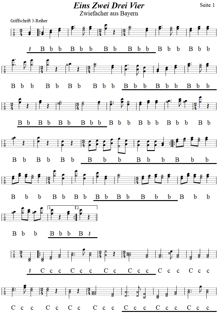Eins Zwei Drei Vier, Zwiefacher in Griffschrift für Steirische Harmonika, Seite 1. 
Bitte klicken, um die Melodie zu hören.