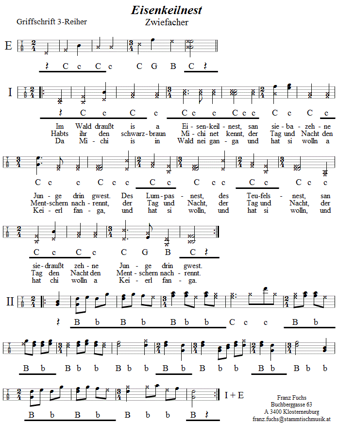 Eisenkeilnest-Zwiefacher in Griffschrift für Steirische Harmonika. 
Bitte klicken, um die Melodie zu hören.