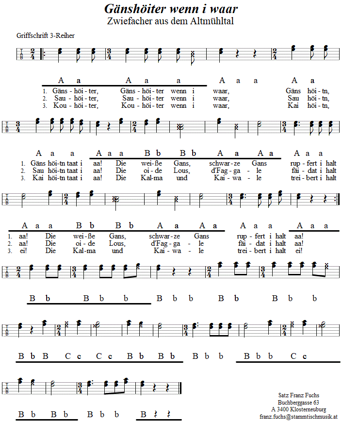 Gnshiter, Zwiefacher in Griffschrift fr Steirische Harmonika. 
Bitte klicken, um die Melodie zu hren.