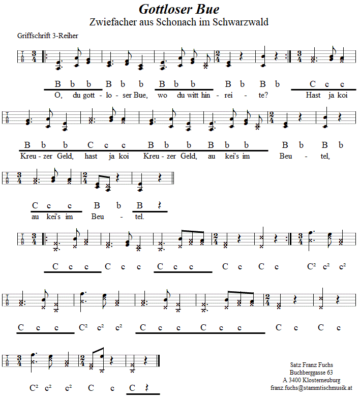 Gottloser Bue, Zwiefacher in Griffschrift fr Steirische Harmonika. 
Bitte klicken, um die Melodie zu hren.