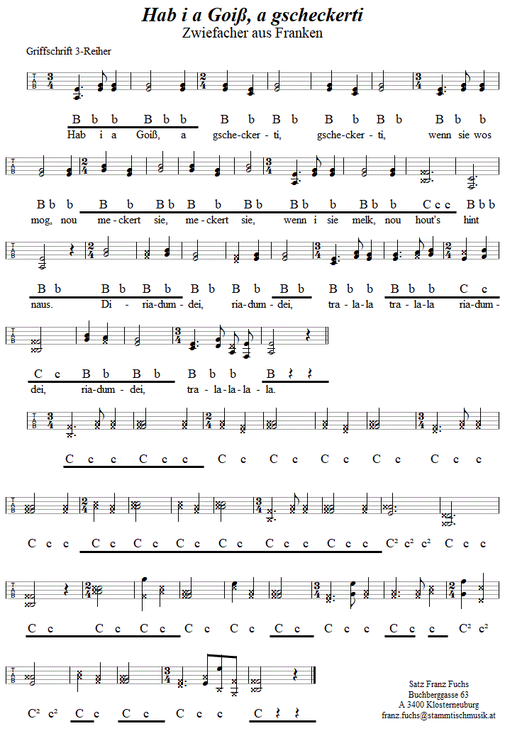 Hab i a Goi, a gscheckerti, Zwiefacher in Griffschrift fr Steirische Harmonika. 
Bitte klicken, um die Melodie zu hren.