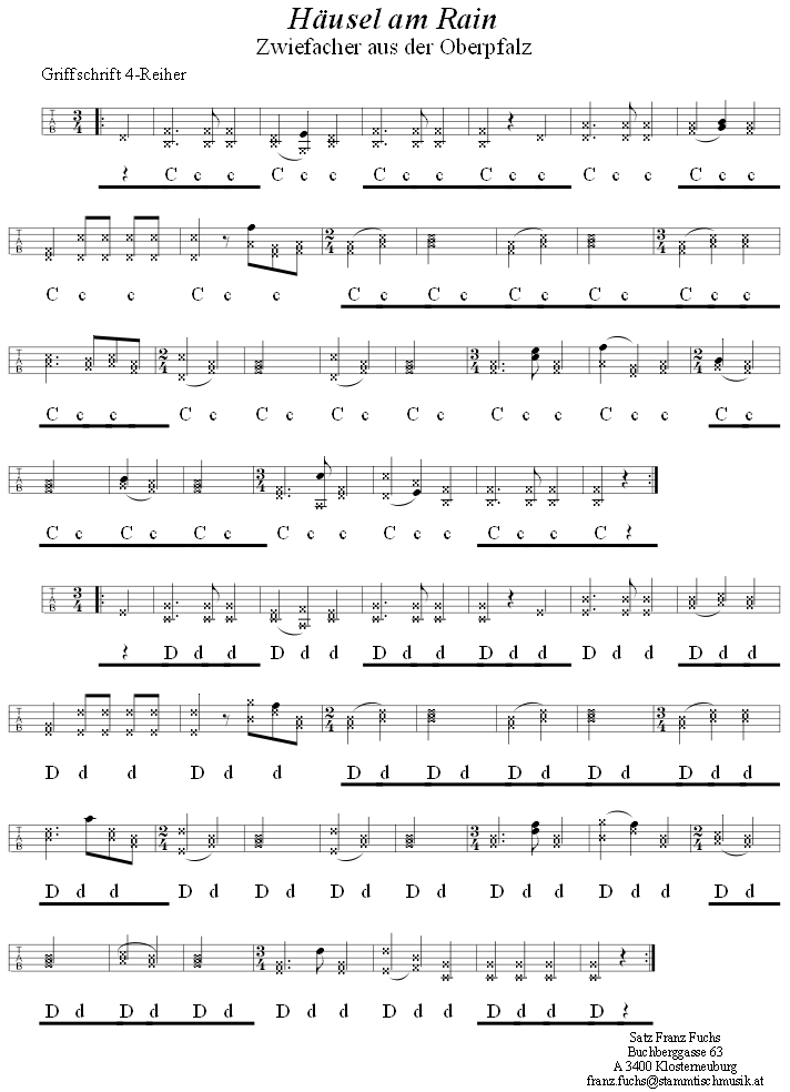 Husel am Rain, Zwiefacher in Griffschrift fr Steirische Harmonika. 
Bitte klicken, um die Melodie zu hren.